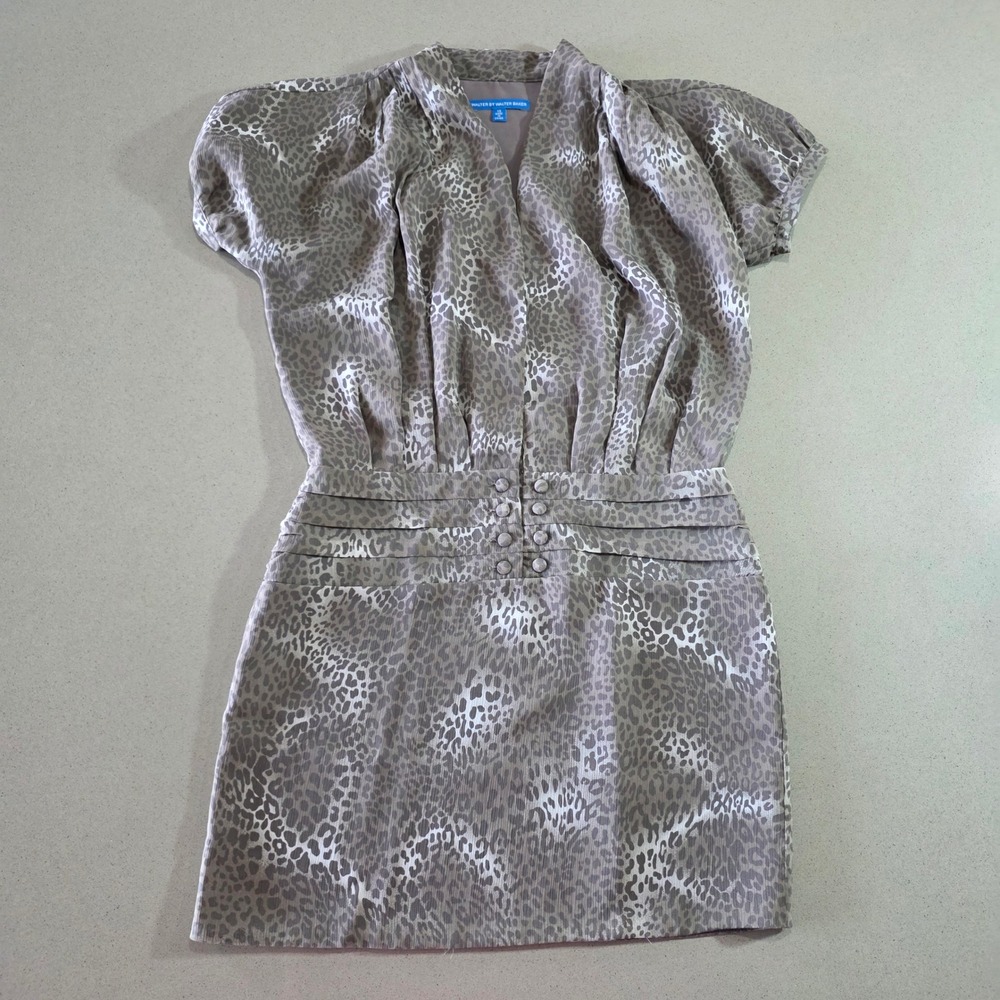 Walter by Walter Baker Womens XS Leopard Print Pleated V-Neck Mini Dress Gray